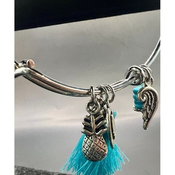 Alex and Ani Silver Bangle Bracelet Turquoise Pineapple Wing‎ Charms Adjustable - Picture 12 of 13